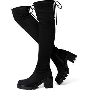 ⚡Women's Black Thigh High Boot 3 Inch Chunky Heel Tall Boot Platform Side Zipper
